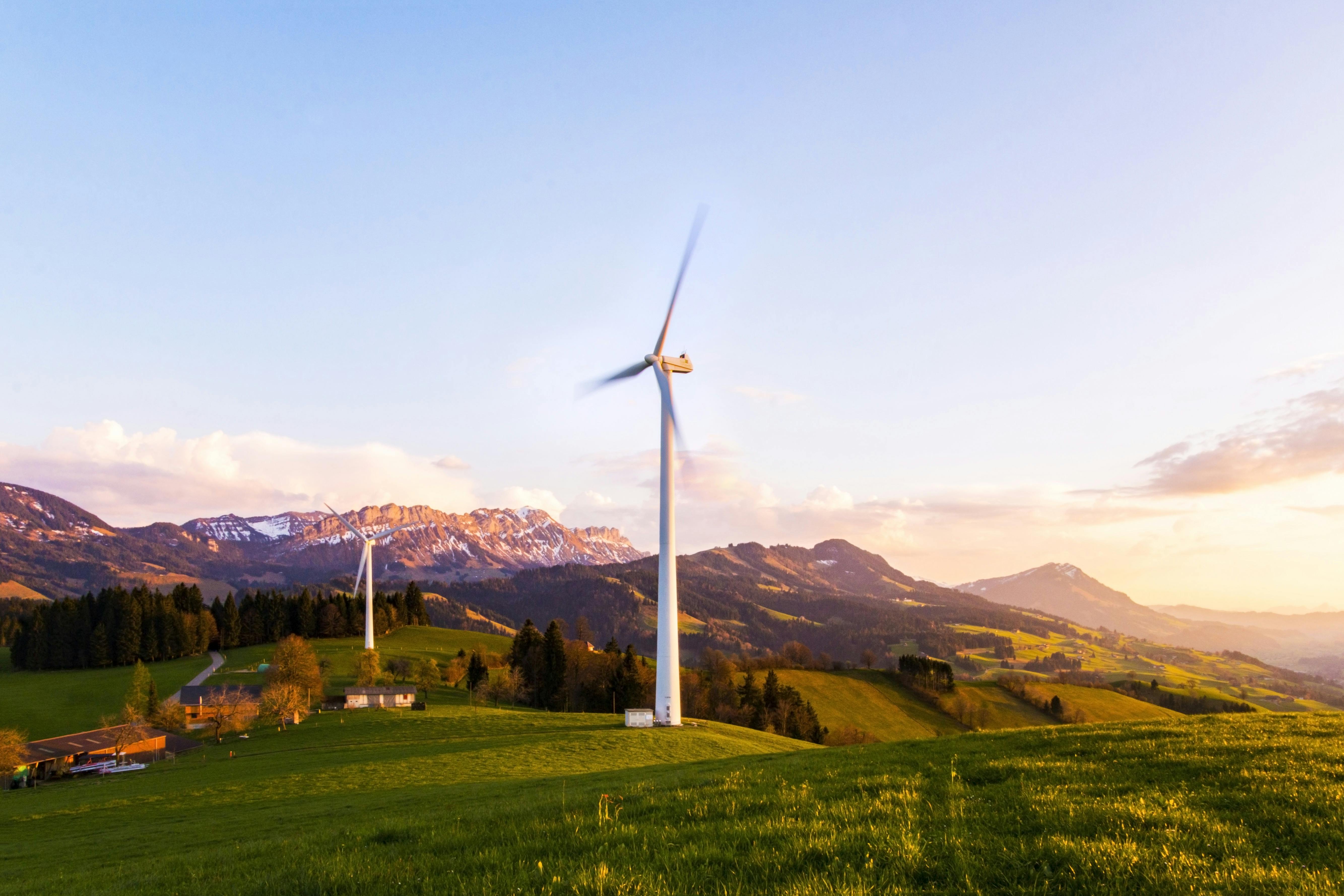 Wind turbines in green landscape
